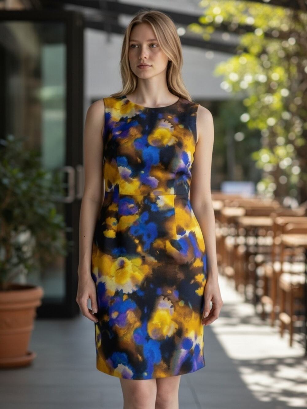 JONES NEW YORK Purple Multicolor Watercolor Print Satin Sheath Dress Size 4